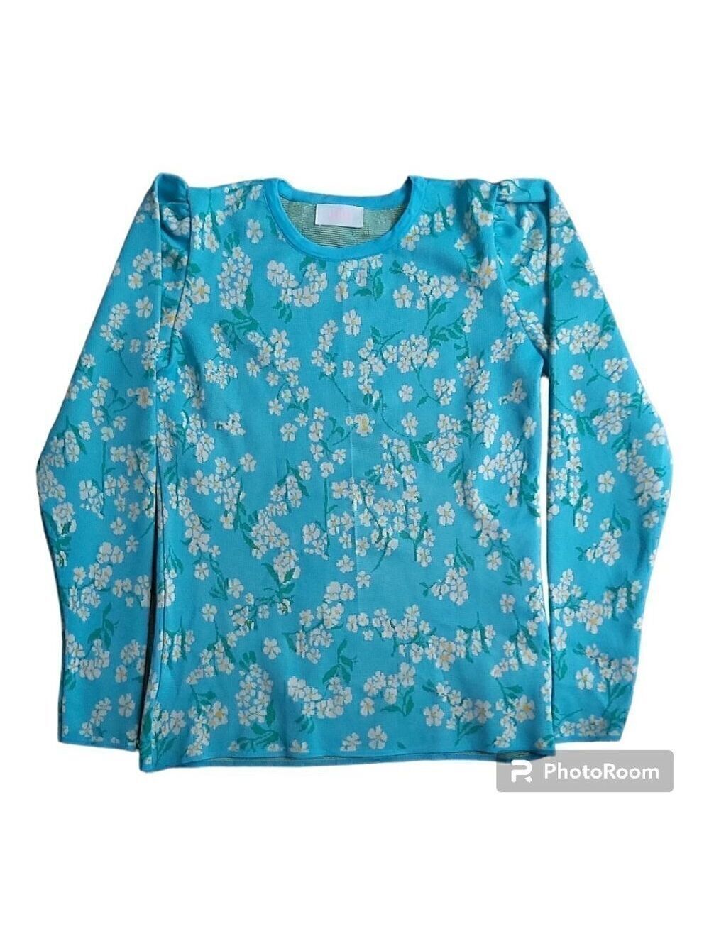 Savida Women's Light Blue Floral Ruched Shoulders Jersey Shirt - Size Small